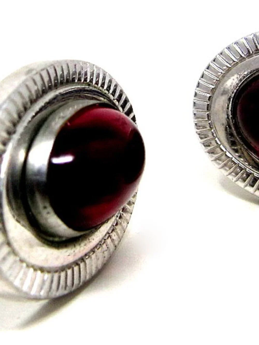 Red Oval Stones Cuff Links Mid Century 2in Silver Ruby Colored